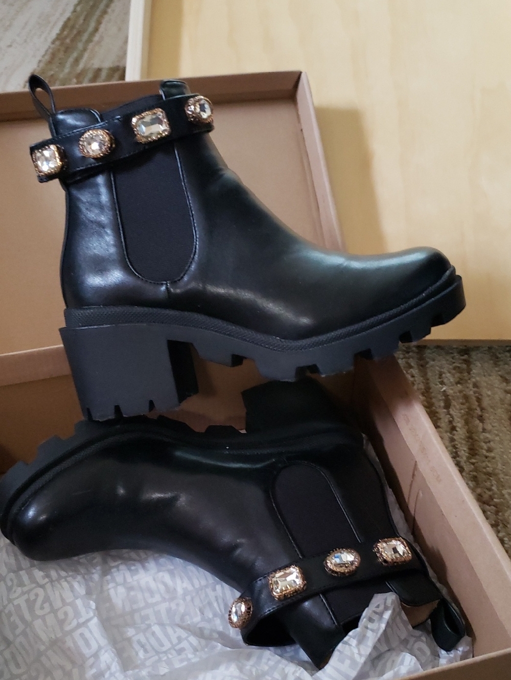 Steve Madden Black Leather Lug-Heel Chelsea Boots with Jeweled Strap